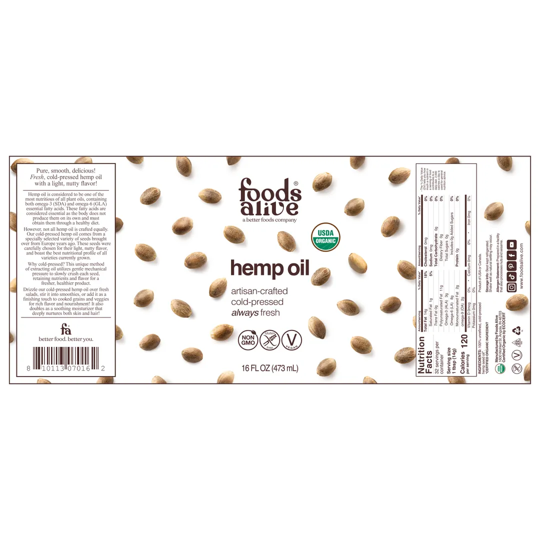 Hemp Seed Oil - Artisan Cold-Pressed, Organic - 16oz Glass