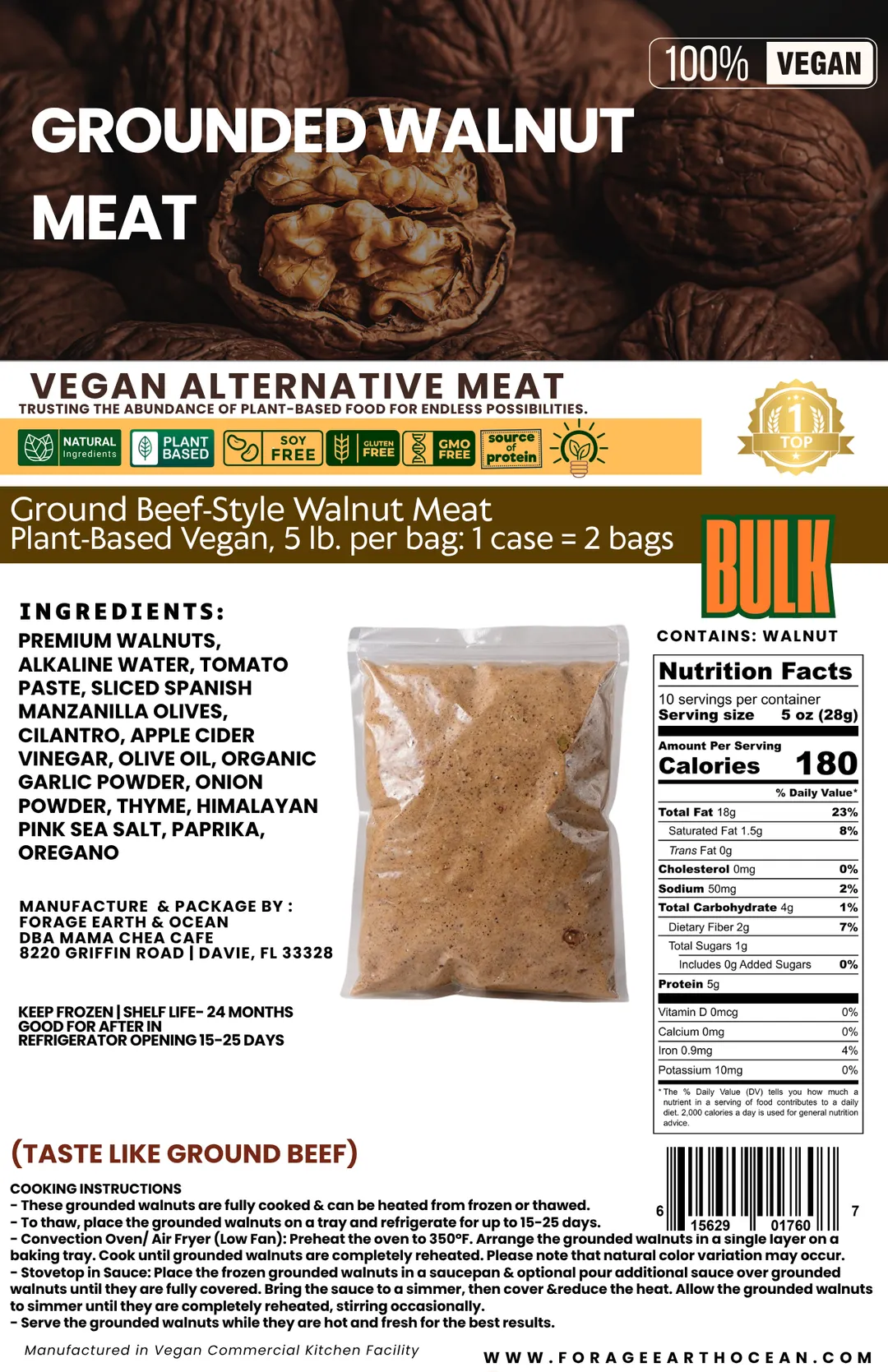 BULK 10 LBS Plant-Based Ground Be'f, Crumbles Vegan, (Frozen) Walnut Alternative Meats Crumbles -Gluten Free