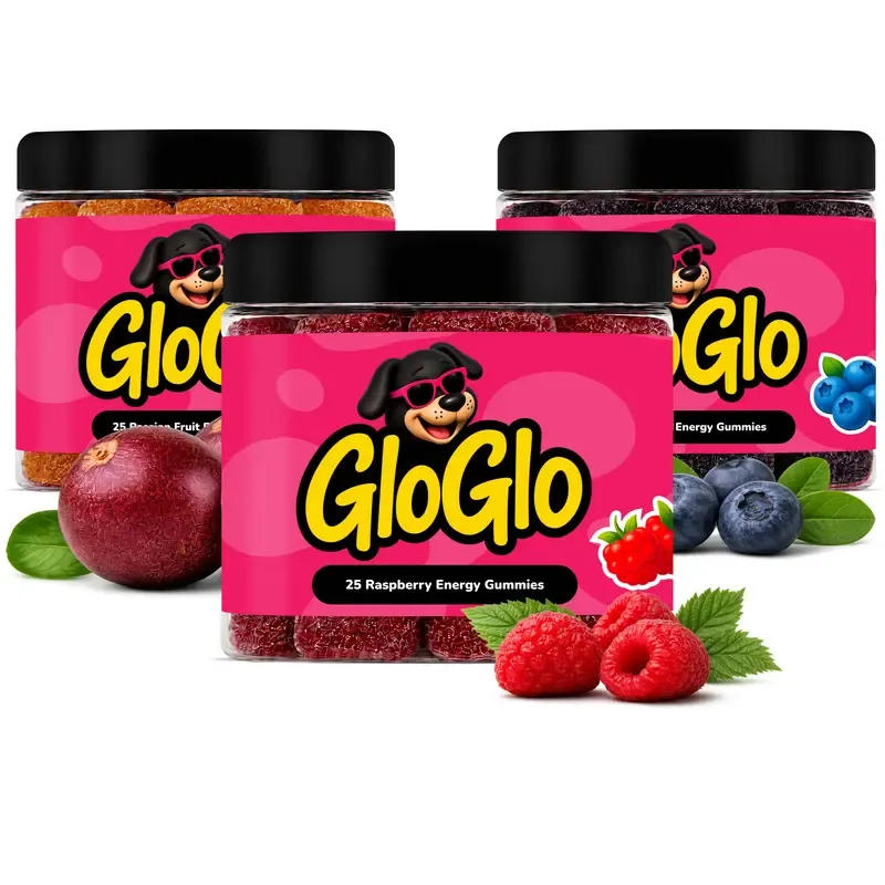 GloGlo Pure Dextrose Energy Chews | Glucose Gummies for Running, Cycling, Endurance & Diabetics | Raspberry / Blueberry / Passion fruit Flavor | Vegan | Gluten and Caffeine Free | 25-Gummy Jars 
