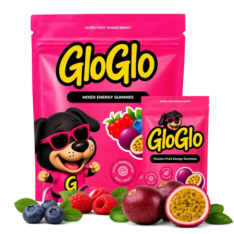 GloGlo Pure Dextrose Energy Chews | Glucose Gummies for Running, Cycling, Endurance & Diabetics | Raspberry / Blueberry / Passion fruit Flavor | Vegan | Gluten and Caffeine Free | 60-Gummy Bags variant