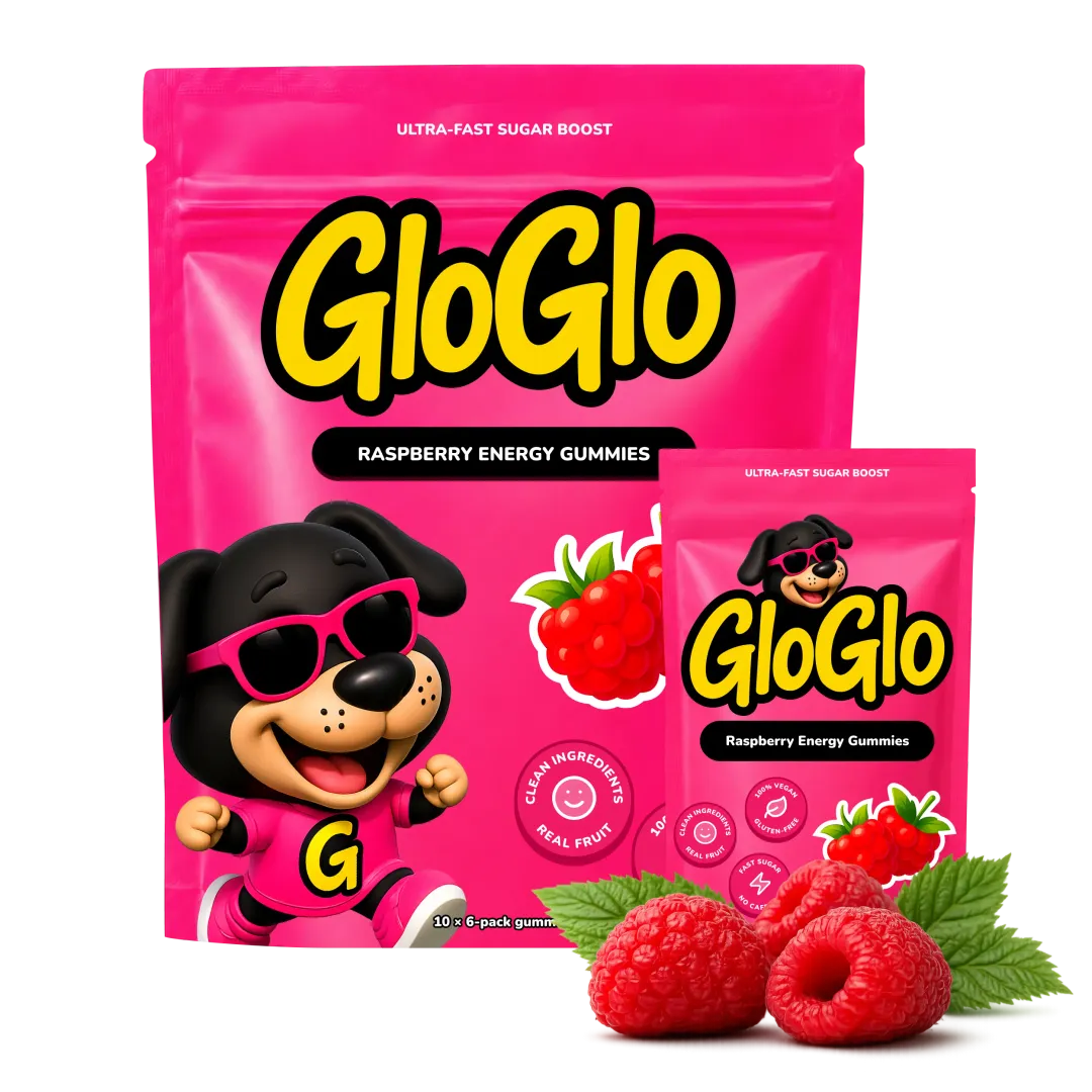 GloGlo Pure Dextrose Energy Chews | Glucose Gummies for Running, Cycling, Endurance & Diabetics | Raspberry / Blueberry / Passion fruit Flavor | Vegan | Gluten and Caffeine Free | 60-Gummy Bags