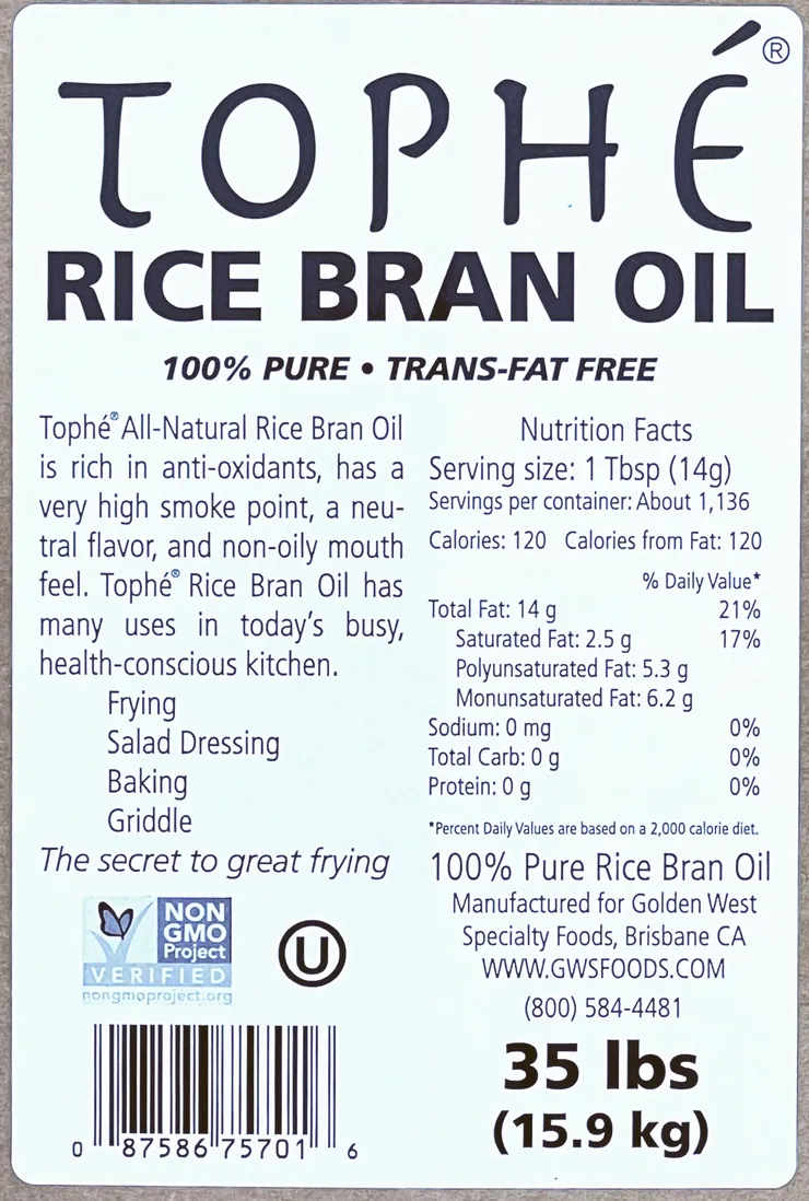 Tophé Pure Rice Bran Oil - 35 lb. Jib