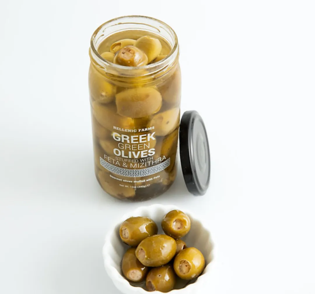 Feta & Mizithra Stuffed Greek Green Olives, Hellenic Farms