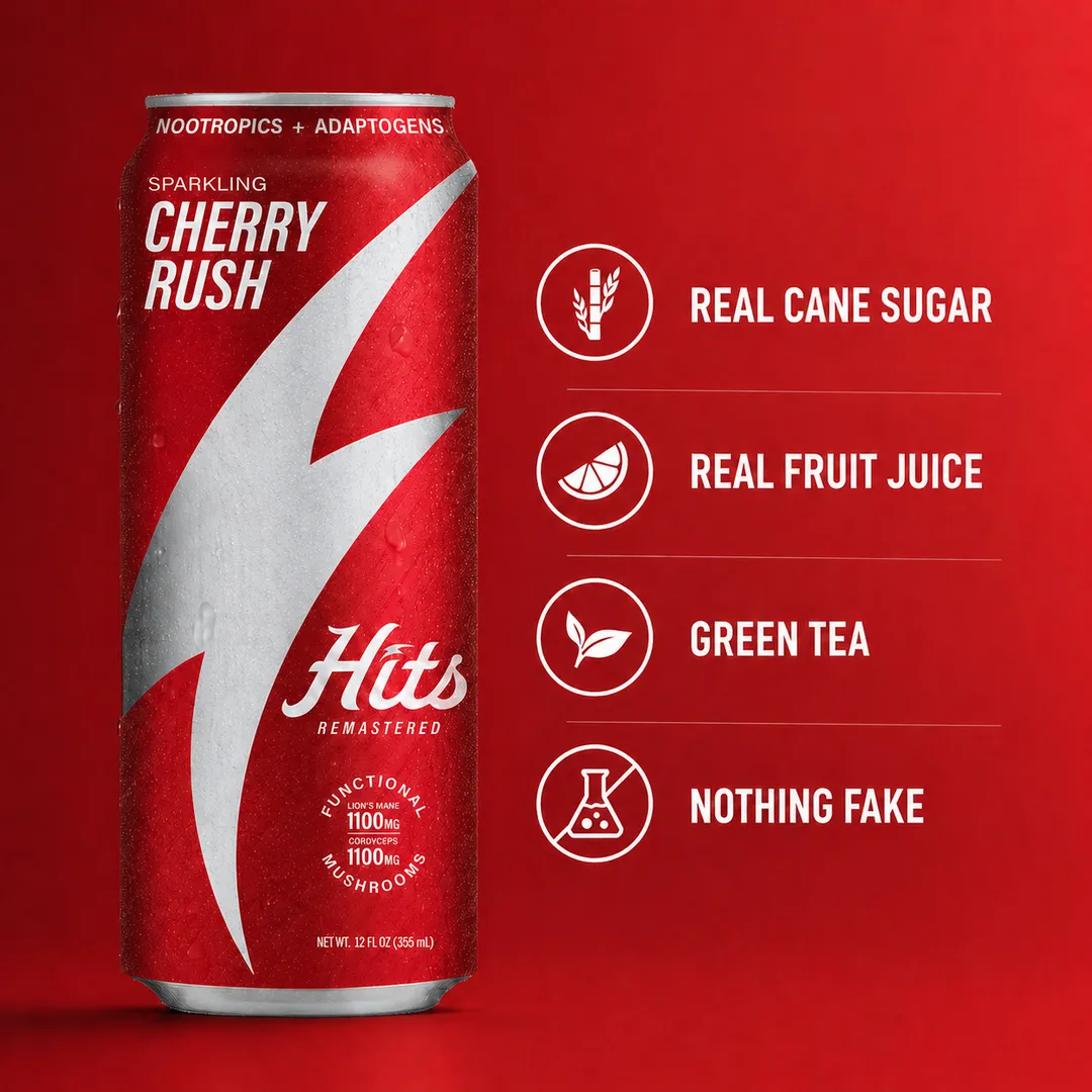 Hits Focus Seltzer Performance Vitality Mood Clarity 1100mg Lion's Mane + 1100mg Cordyceps + L-Theanine + Vitamins + 60mg Green Tea Caffeine 12oz 4pk (Cherry Rush)