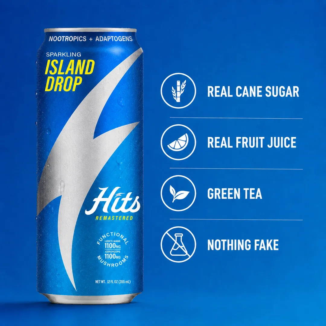 Hits Focus Seltzer Performance Vitality Mood Clarity 1100mg Lion's Mane + 1100mg Cordyceps + L-Theanine + Vitamins + 60mg Green Tea Caffeine 12oz 4pk (Island Drop)