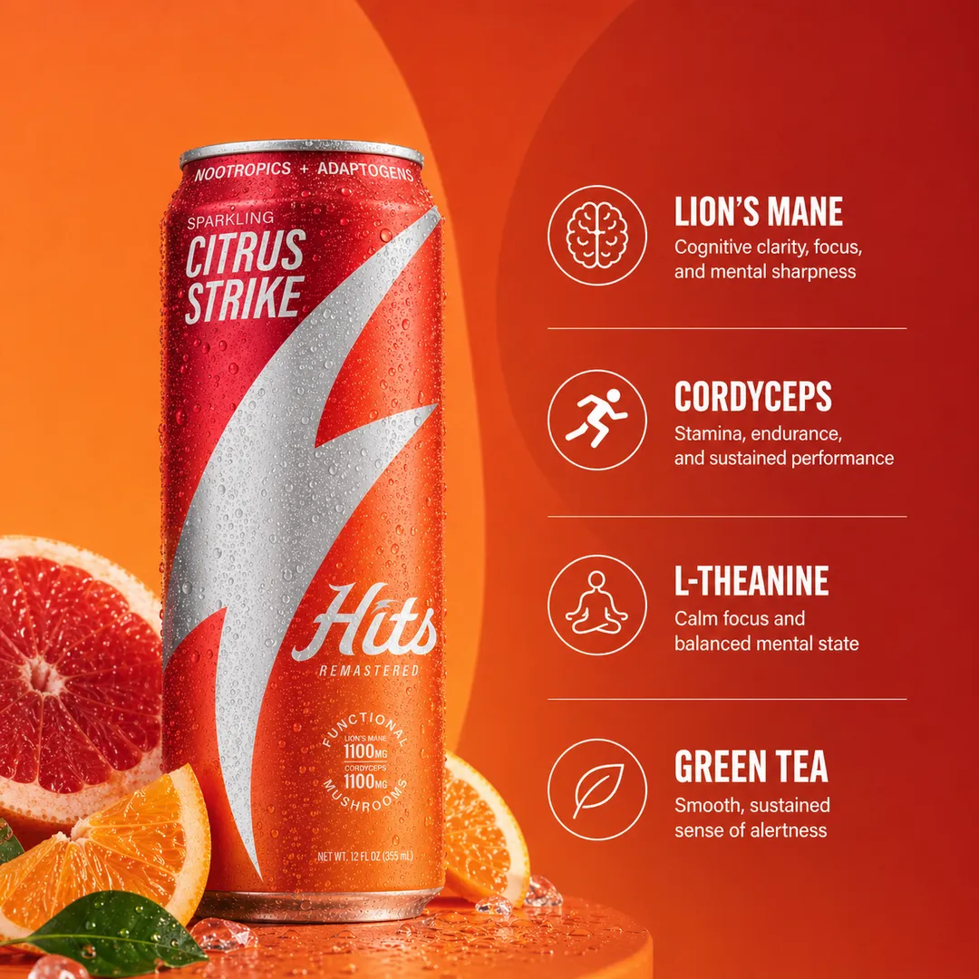 Hits Focus Seltzer Performance Vitality Mood Clarity 1100mg Lion's Mane + 1100mg Cordyceps + L-Theanine + Vitamins + 60mg Green Tea Caffeine 12oz 4pk (Citrus Strike)