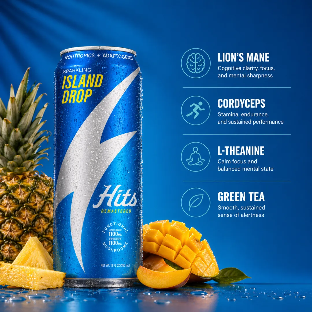 Hits Focus Seltzer Performance Vitality Mood Clarity 1100mg Lion's Mane + 1100mg Cordyceps + L-Theanine + Vitamins + 60mg Green Tea Caffeine 12oz 4pk (Island Drop)