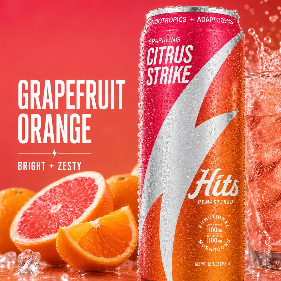 Hits Focus Seltzer Performance Vitality Mood Clarity 1100mg Lion's Mane + 1100mg Cordyceps + L-Theanine + Vitamins + 60mg Green Tea Caffeine 12oz 4pk (Citrus Strike)