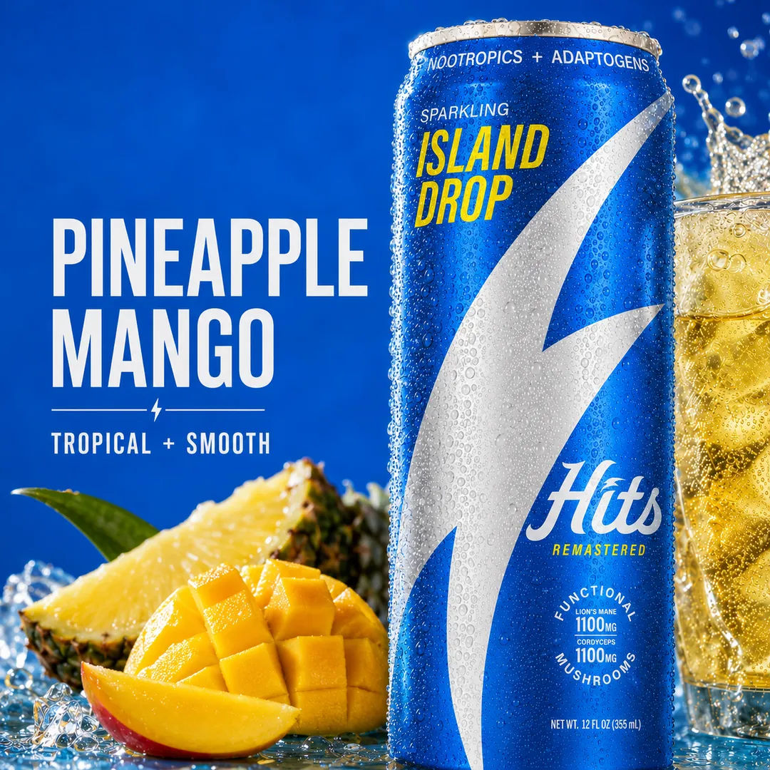 Hits Focus Seltzer Performance Vitality Mood Clarity 1100mg Lion's Mane + 1100mg Cordyceps + L-Theanine + Vitamins + 60mg Green Tea Caffeine 12oz 4pk (Island Drop)