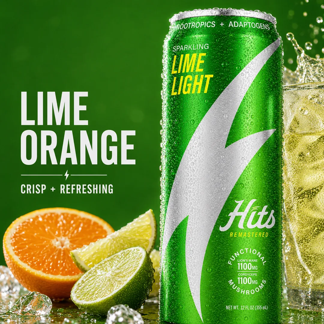 Hits Focus Seltzer Performance Vitality Mood Clarity 1100mg Lion's Mane + 1100mg Cordyceps + L-Theanine + Vitamins + 60mg Green Tea Caffeine 12oz 4pk (Lime Light)
