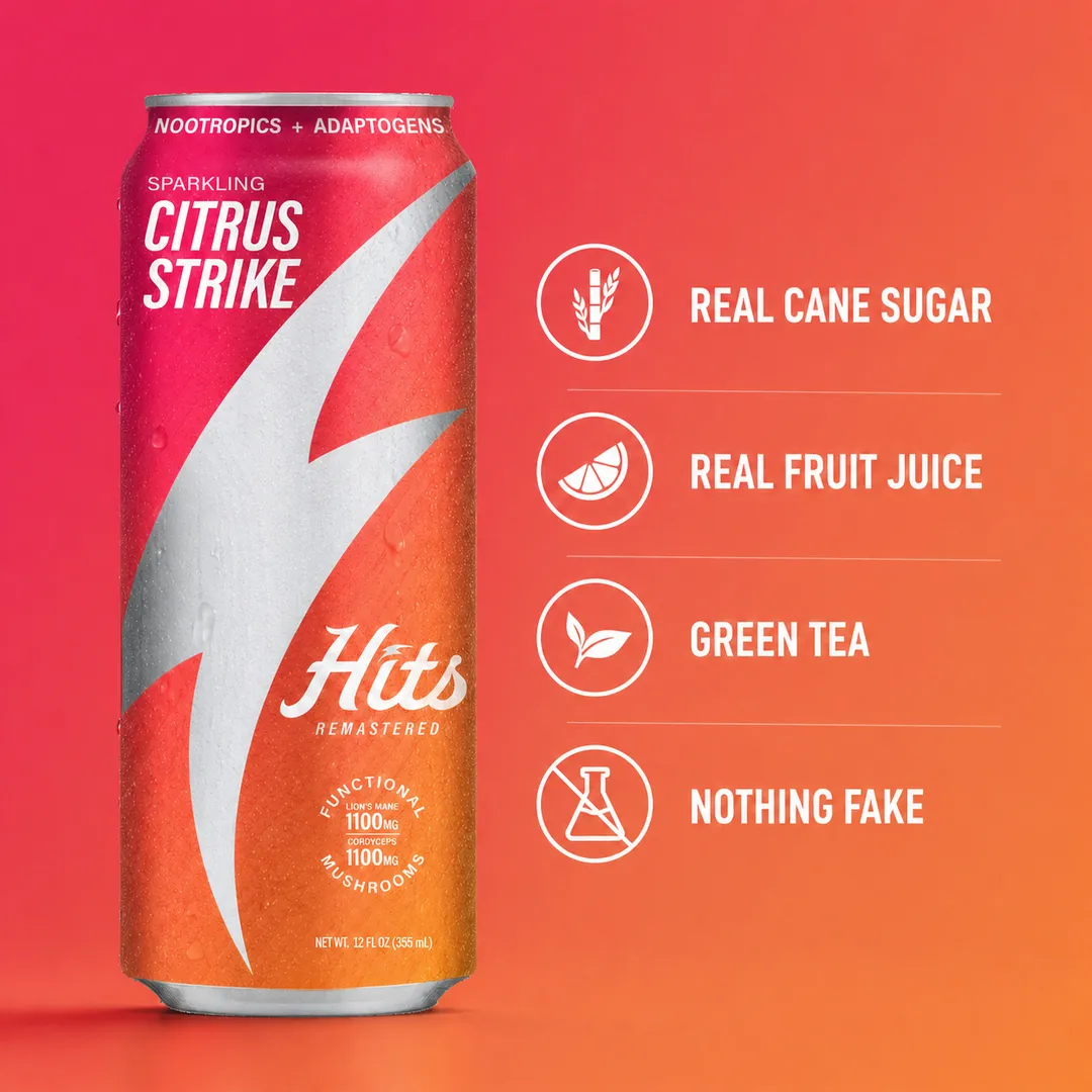 Hits Focus Seltzer Performance Vitality Mood Clarity 1100mg Lion's Mane + 1100mg Cordyceps + L-Theanine + Vitamins + 60mg Green Tea Caffeine 12oz 4pk (Citrus Strike)