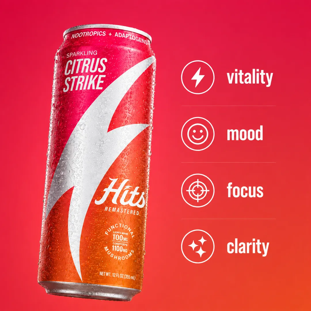 Hits Focus Seltzer Performance Vitality Mood Clarity 1100mg Lion's Mane + 1100mg Cordyceps + L-Theanine + Vitamins + 60mg Green Tea Caffeine 12oz 4pk (Citrus Strike)