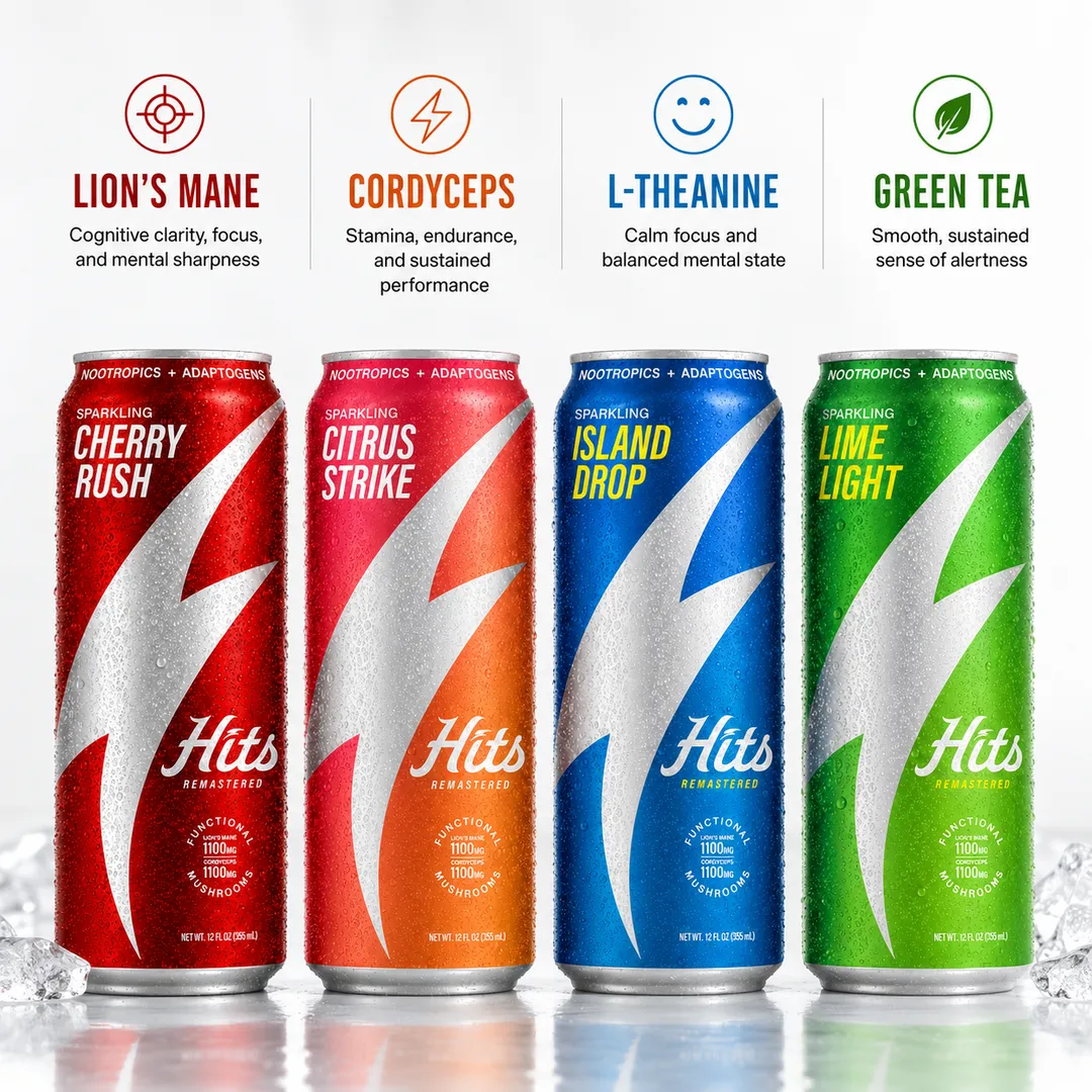Hits Focus Seltzer Performance Vitality Mood Clarity 1100mg Lion's Mane + 1100mg Cordyceps + L-Theanine + Vitamins + 60mg Green Tea Caffeine 12oz 4pk (Island Drop)