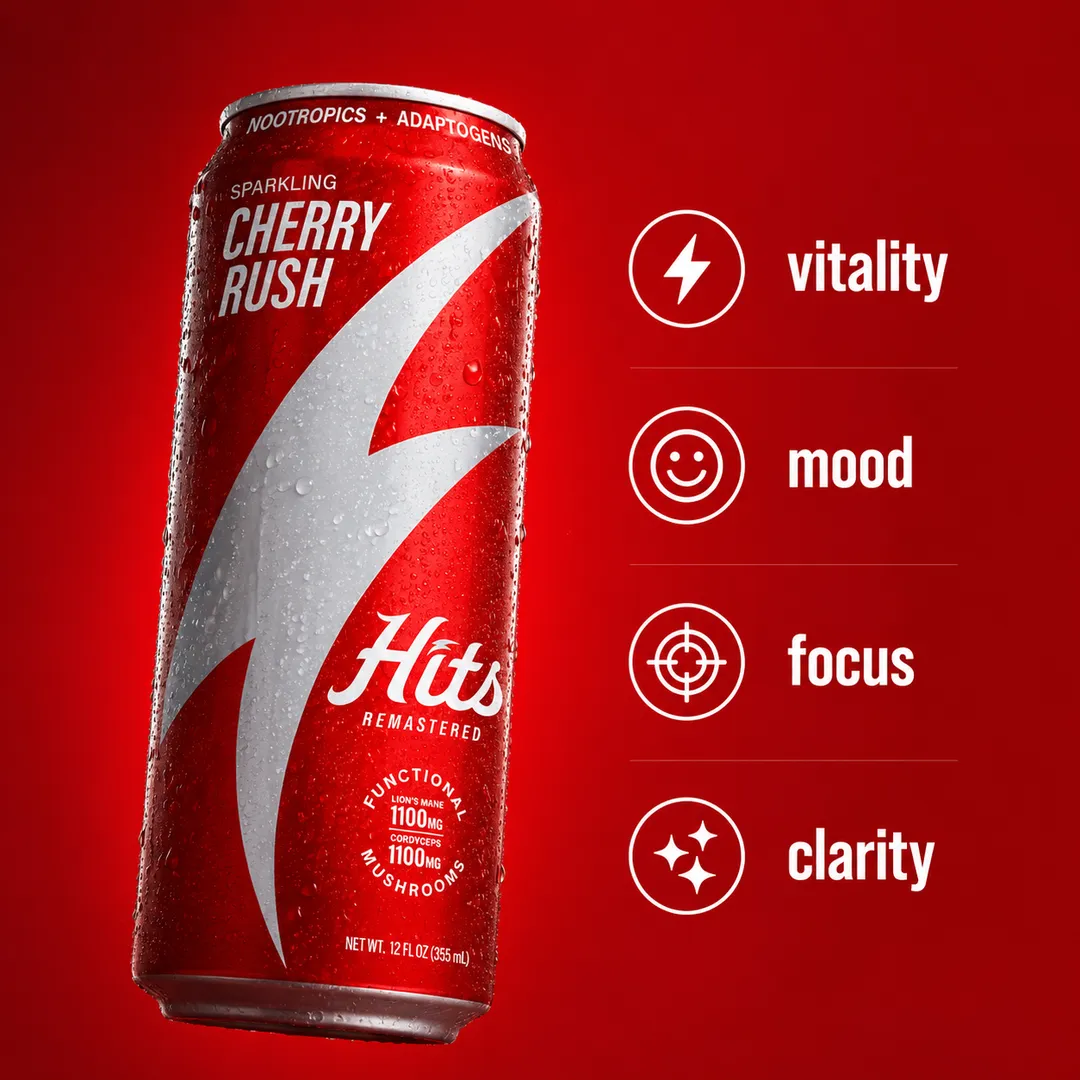 Hits Focus Seltzer Performance Vitality Mood Clarity 1100mg Lion's Mane + 1100mg Cordyceps + L-Theanine + Vitamins + 60mg Green Tea Caffeine 12oz 4pk (Cherry Rush)