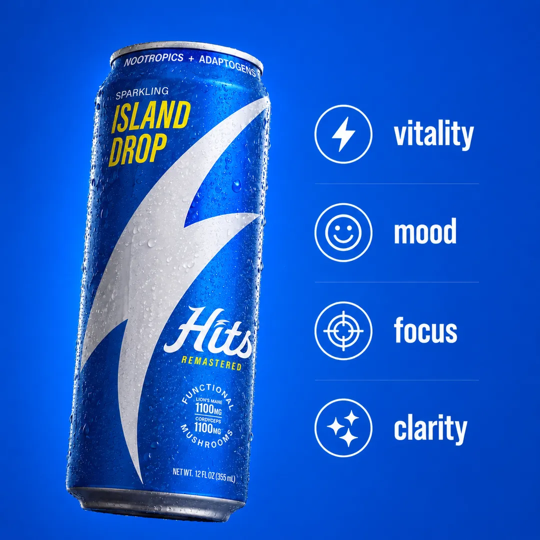 Hits Focus Seltzer Performance Vitality Mood Clarity 1100mg Lion's Mane + 1100mg Cordyceps + L-Theanine + Vitamins + 60mg Green Tea Caffeine 12oz 4pk (Island Drop)