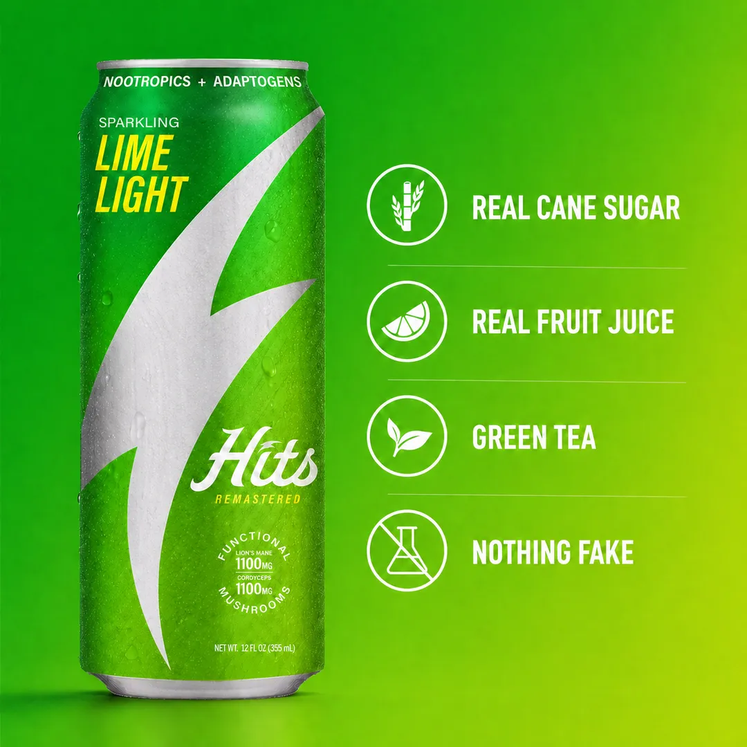 Hits Focus Seltzer Performance Vitality Mood Clarity 1100mg Lion's Mane + 1100mg Cordyceps + L-Theanine + Vitamins + 60mg Green Tea Caffeine 12oz 4pk (Lime Light)