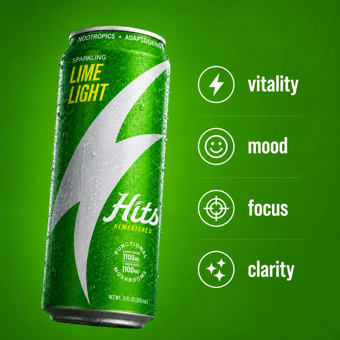Hits Focus Seltzer Performance Vitality Mood Clarity 1100mg Lion's Mane + 1100mg Cordyceps + L-Theanine + Vitamins + 60mg Green Tea Caffeine 12oz 4pk (Lime Light)