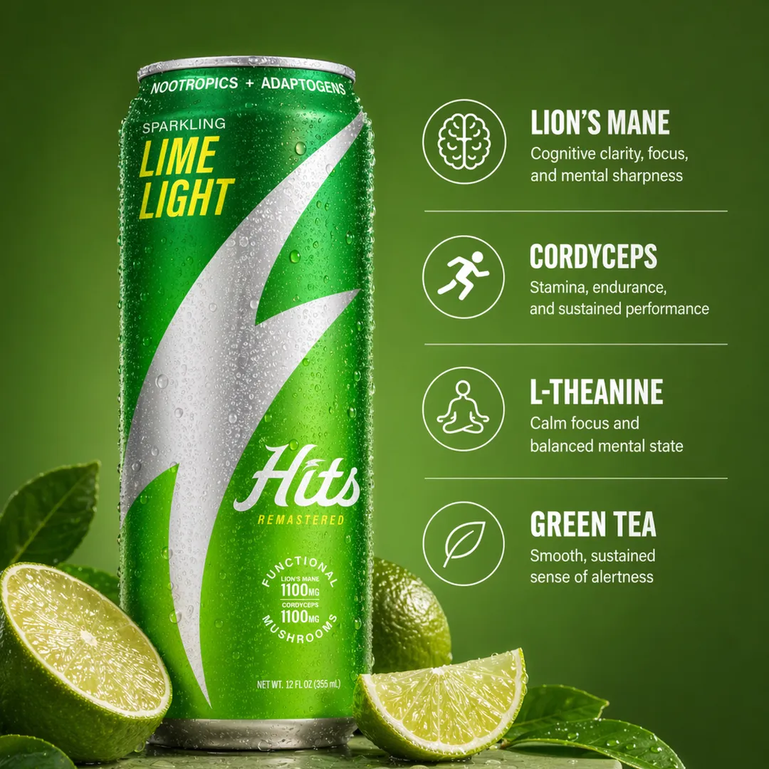 Hits Focus Seltzer Performance Vitality Mood Clarity 1100mg Lion's Mane + 1100mg Cordyceps + L-Theanine + Vitamins + 60mg Green Tea Caffeine 12oz 4pk (Lime Light)