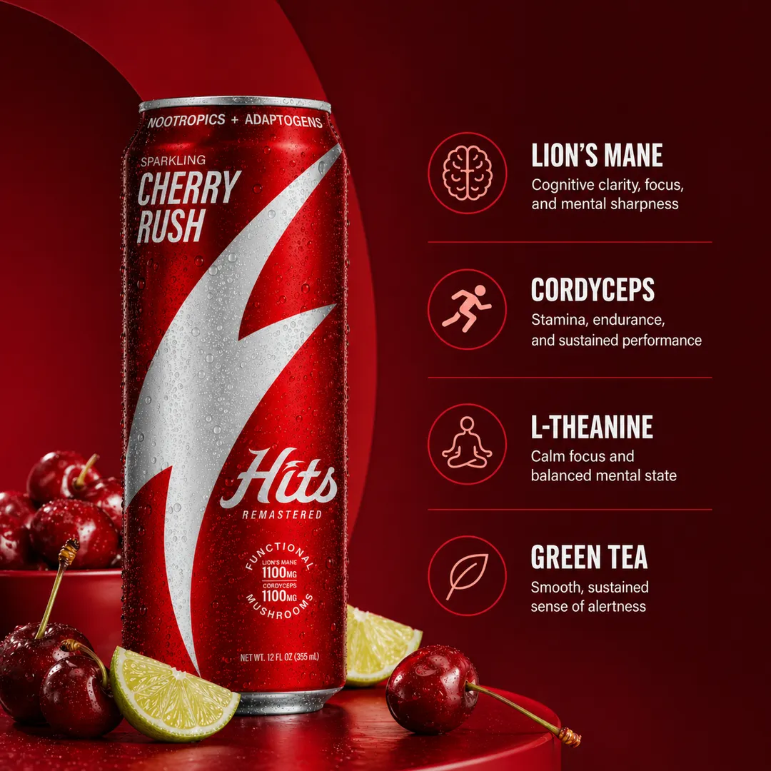 Hits Focus Seltzer Performance Vitality Mood Clarity 1100mg Lion's Mane + 1100mg Cordyceps + L-Theanine + Vitamins + 60mg Green Tea Caffeine 12oz 4pk (Cherry Rush)