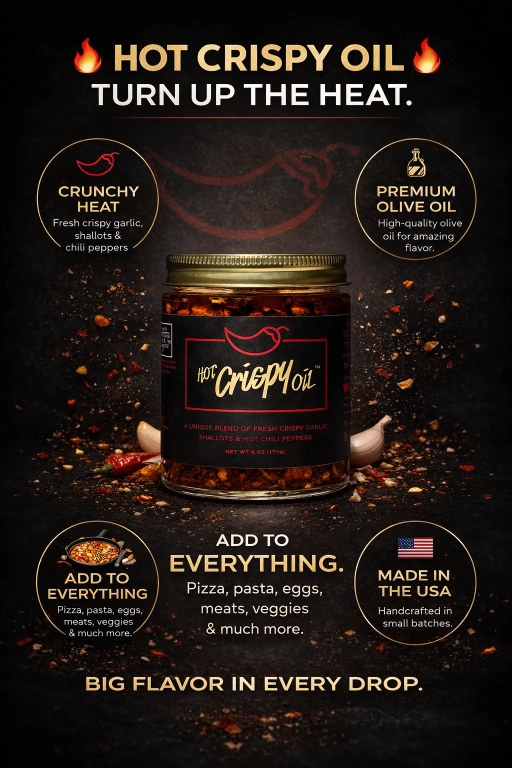 Hot Crispy Oil - Original- Chili Crisp made with Olive Oil and Fresh Fried Garlic and Shallots 