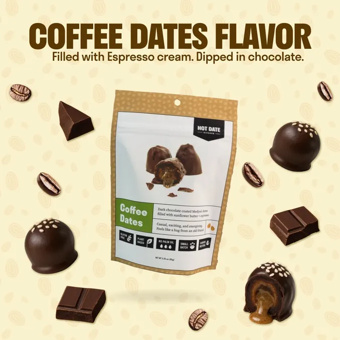 Chocolate Covered California Medjool Date: filled with sunflower butter + Organic espresso (3 per pouch)