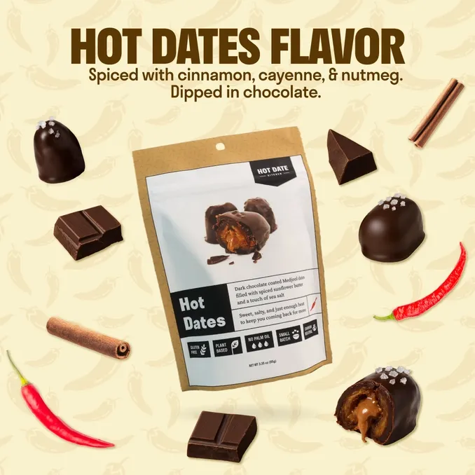 Chocolate Covered California Medjool Date: filled with spiced sunflower butter (3 per pouch)