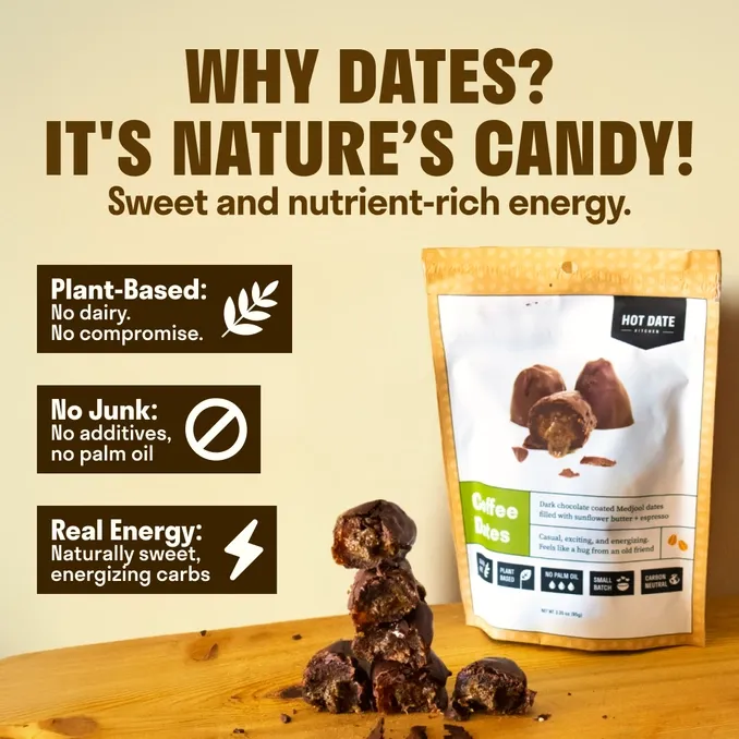 Chocolate Covered California Medjool Date: filled with spiced sunflower butter (3 per pouch)