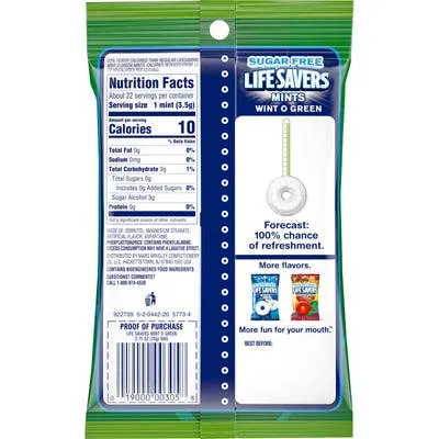 Life Savers Sugar Free Wint O Green Bag  2.75oz - 12ct