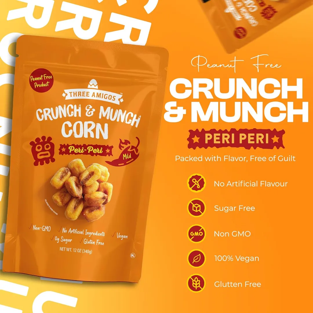 Three Amigos Crunch & Munch Corn Peri Peri 12oz - 8ct