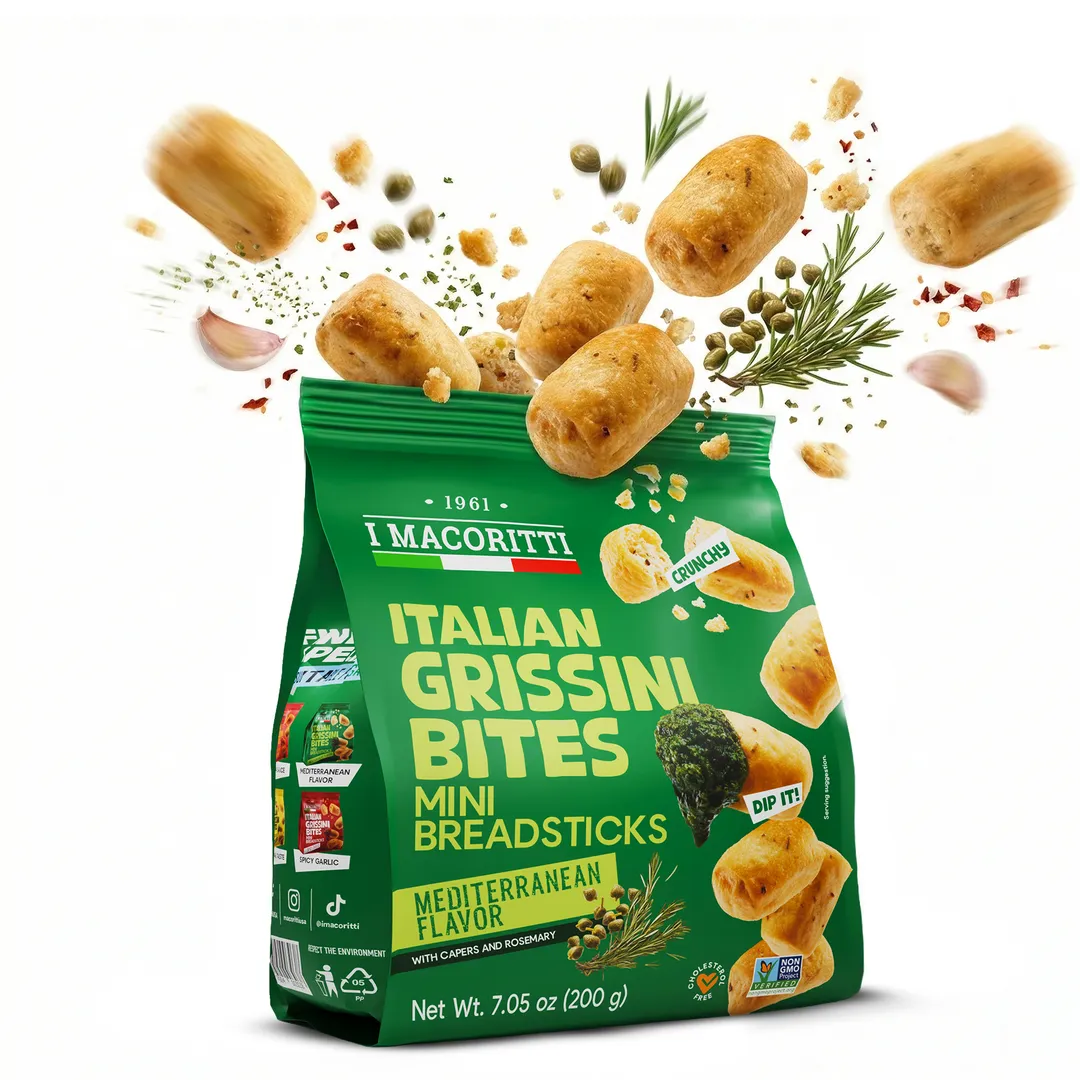 I Macoritti Italian Grissini Bites Mediterranean Savory Flavor with Capers and Rosemary - 7.05oz Bag