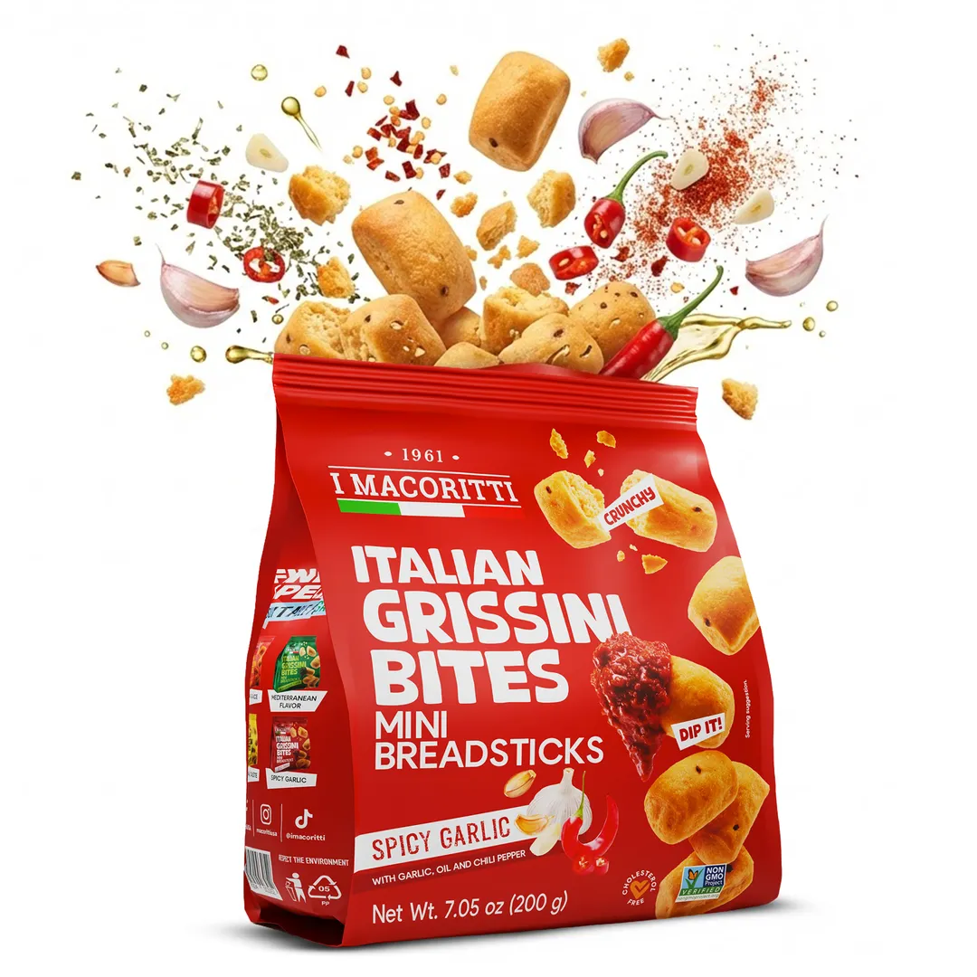 I Macoritti Italian Grissini Bites Spicy Garlic Flavor with Extra Virgin Olive Oil and Chili Pepper - 7.05oz Bag