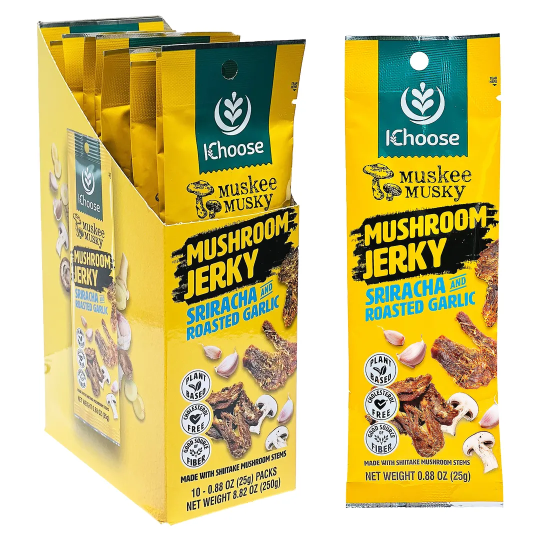 Muskee Musky Sriracha and Roasted Garlic Mushroom Jerky, Vegan, 10 Pack