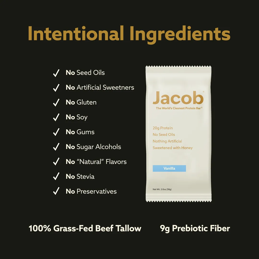 Jacob Protein Bar - Grass-Fed Organic Protein Snack Bar (108ct)