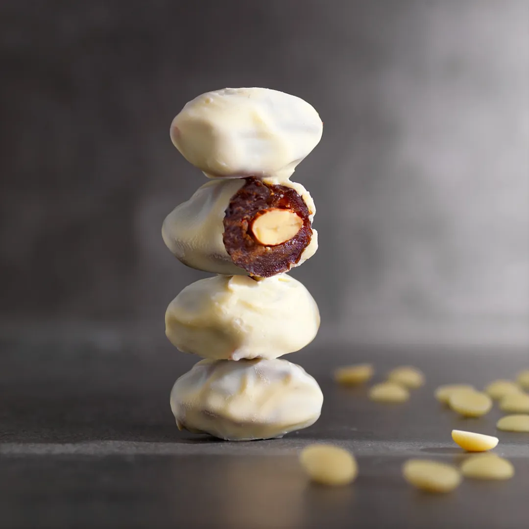 Medjool Dates Covered White Belgian Chocolate & Stuffed with Almond 4.23 oz (120 g)