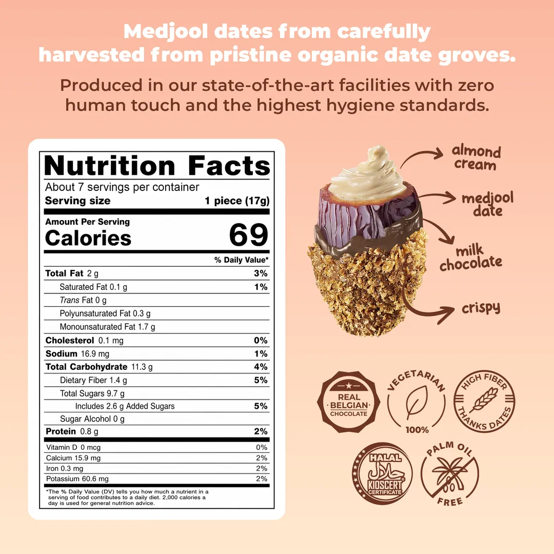 Medjool Dates Covered Crispy Milk Belgian Chocolate & Stuffed with Almond Cream 4.23 oz (120 g)