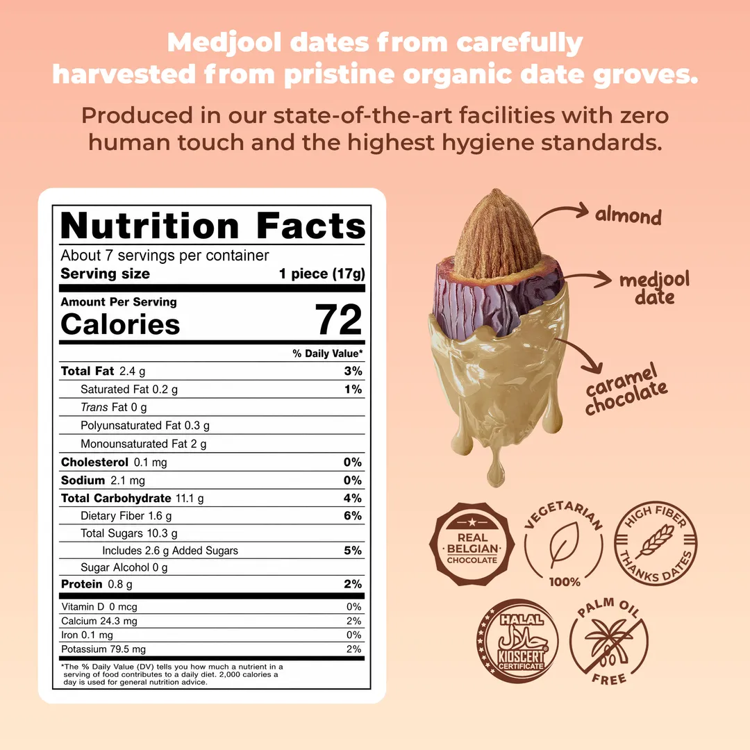 Medjool Dates Covered Caramel Belgian Chocolate & Stuffed with Almond 4,23 oz (120 gr)