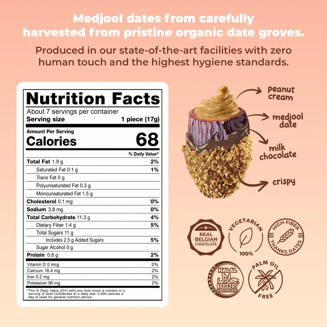 Medjool Dates Covered Crispy Milk Belgian Chocolate & Stuffed with Peanut Cream 4.23 oz (120 g)