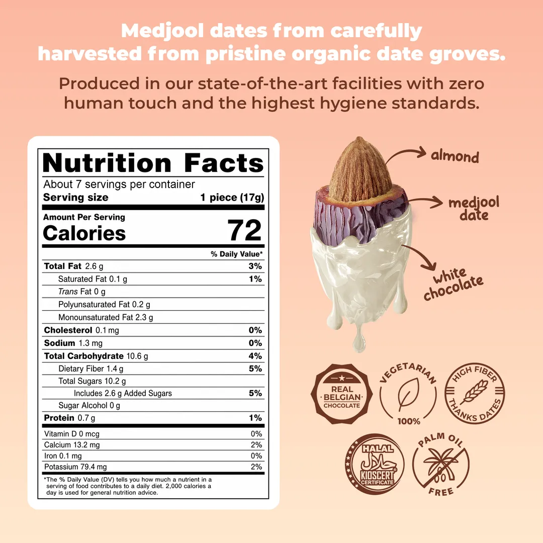 Medjool Dates Covered White Belgian Chocolate & Stuffed with Almond 4.23 oz (120 g)