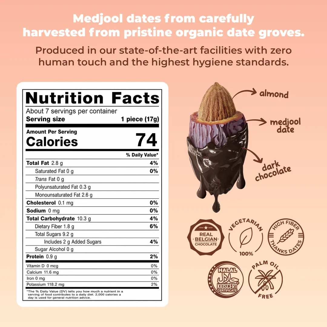 Medjool Dates Covered Dark Belgian Chocolate & Stuffed with Almond 4.23 oz (120 g)