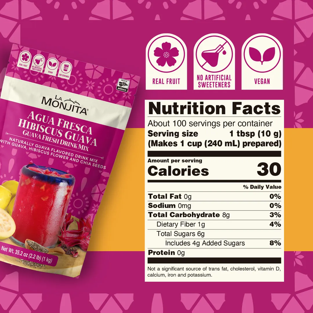 La Monjita Agua Fresca Hibiscus Guava – Naturally Flavored Drink Mix with Hibiscus, Guava, and Chia Seeds (500g / 17.6oz Pouch)