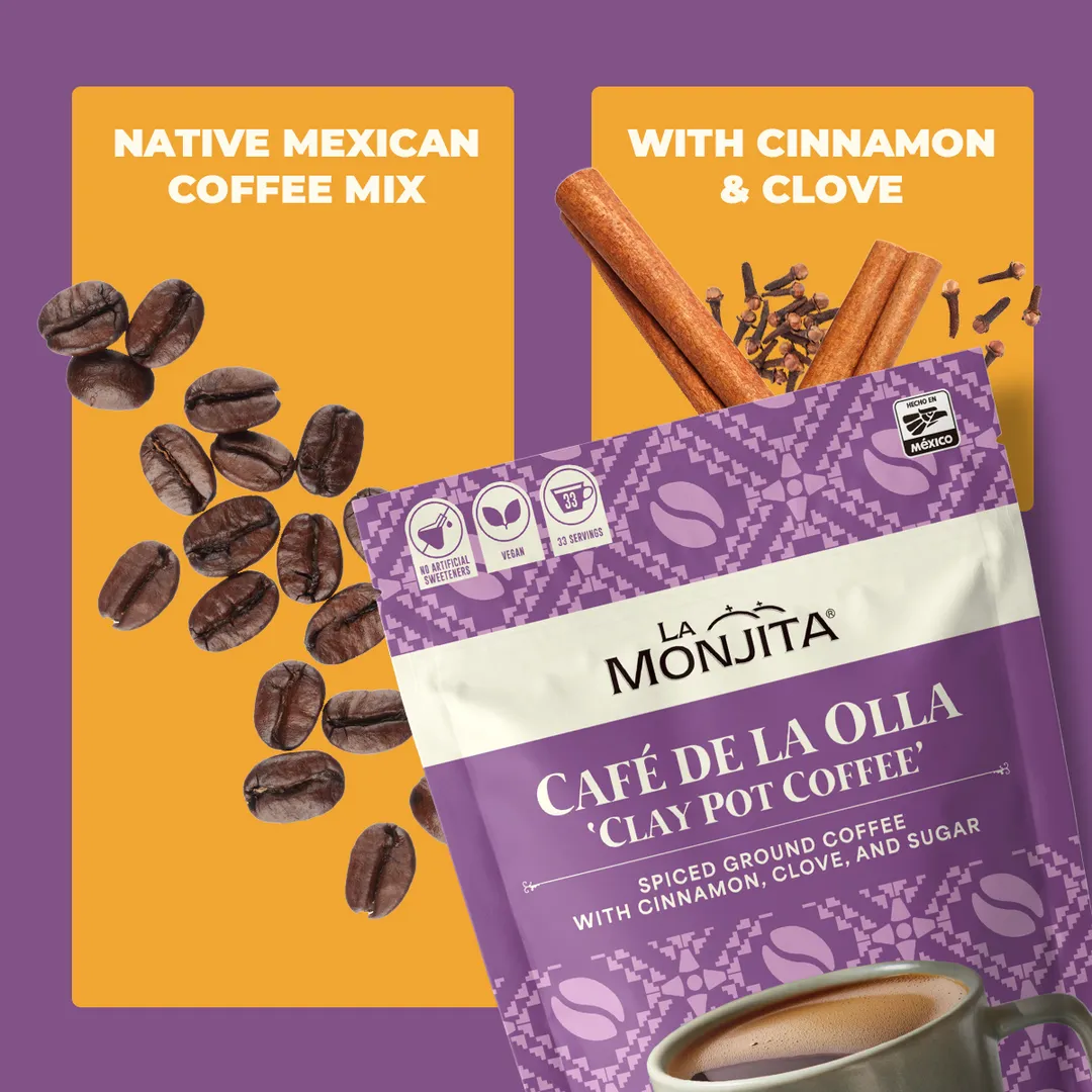 La Monjita Traditional Mexican Coffee - Café de la Olla – Ground Coffee Blend with Cinnamon & Clove (500g / 17.6oz Pouch)