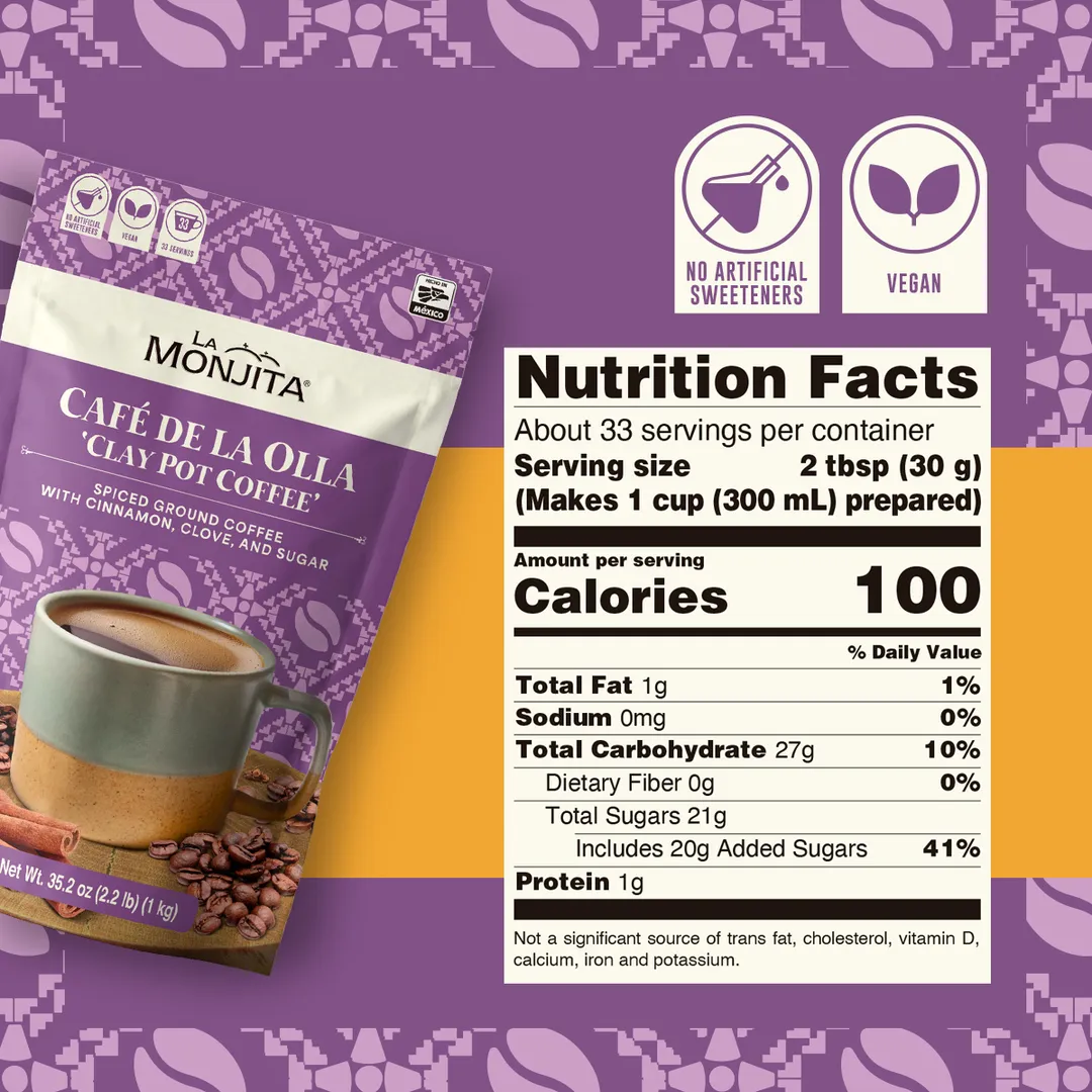 La Monjita Traditional Mexican Coffee - Café de la Olla – Ground Coffee Blend with Cinnamon & Clove (500g / 17.6oz Pouch)