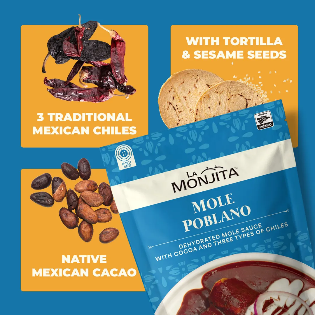 La Monjita Traditional Mexican Mole Poblano Sauce Powder Mix - Traditional Dry Sauce Blend with Chiles, Cacao, Tortilla & Sesame Seeds - Authentic Mexican Flavor for Chicken, Turkey, Tamales, and Enchiladas
