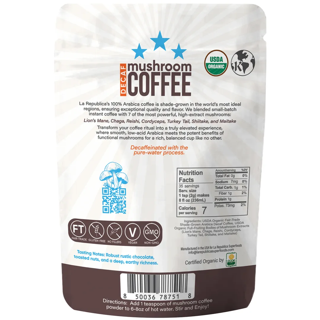 Decaffeinated Mushroom Coffee (100% Colombian Water-Processed Decaf Instant)
