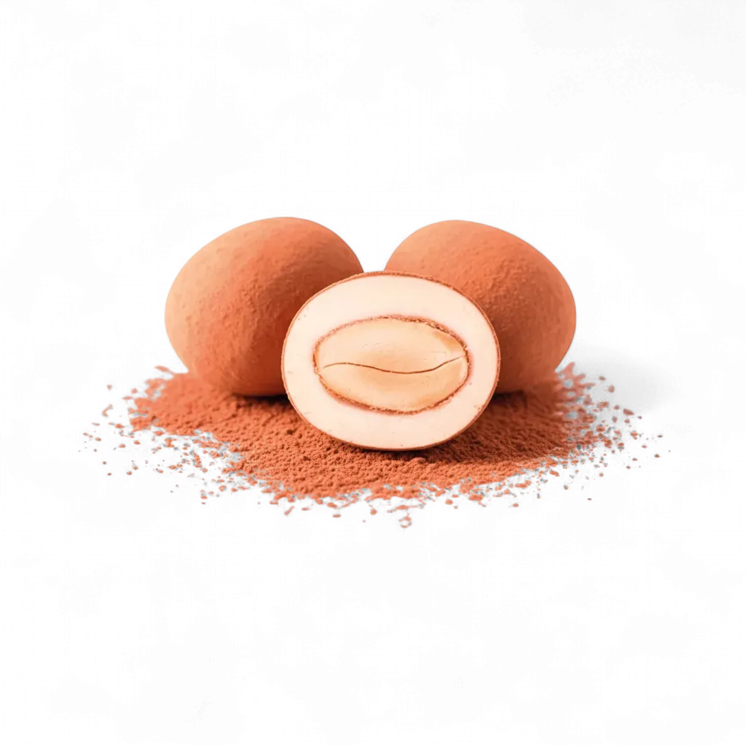  Caramelized Marcona almond coated in white chocolate and pure cocoa powder.