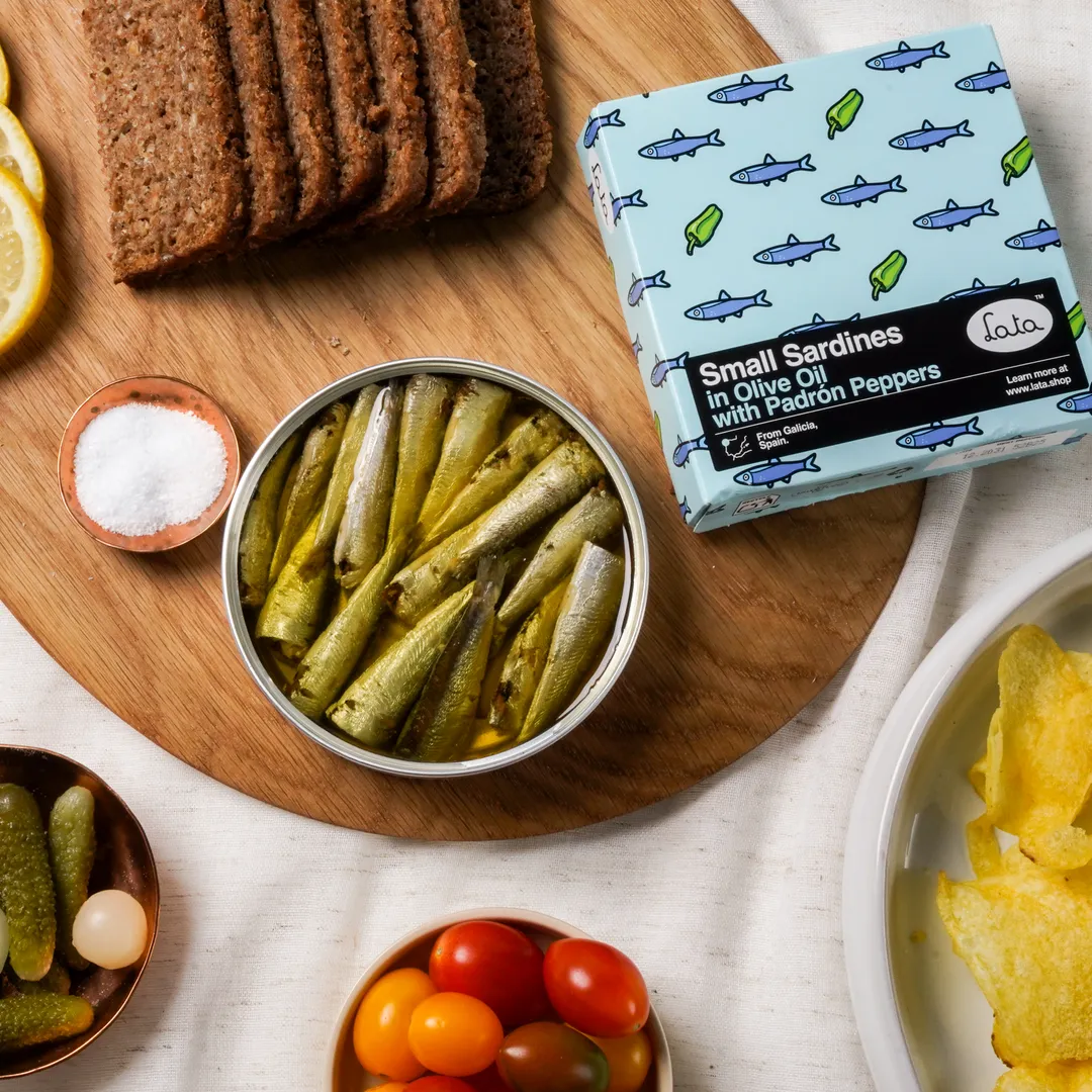 Lata Small Sardines in Olive Oil with Padrón Peppers