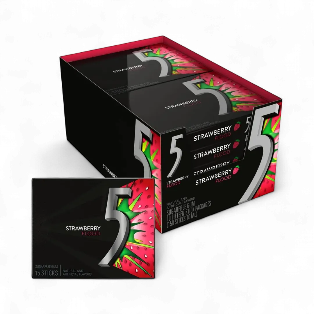 5 Gum Strawberry Flood Sugarfree Gum 10 Count 15 Stick Package