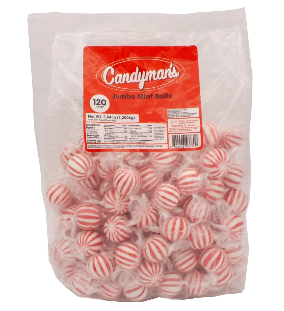 Candyman Jumbo Red White Mint Balls 120 Ct 2.64 Pound