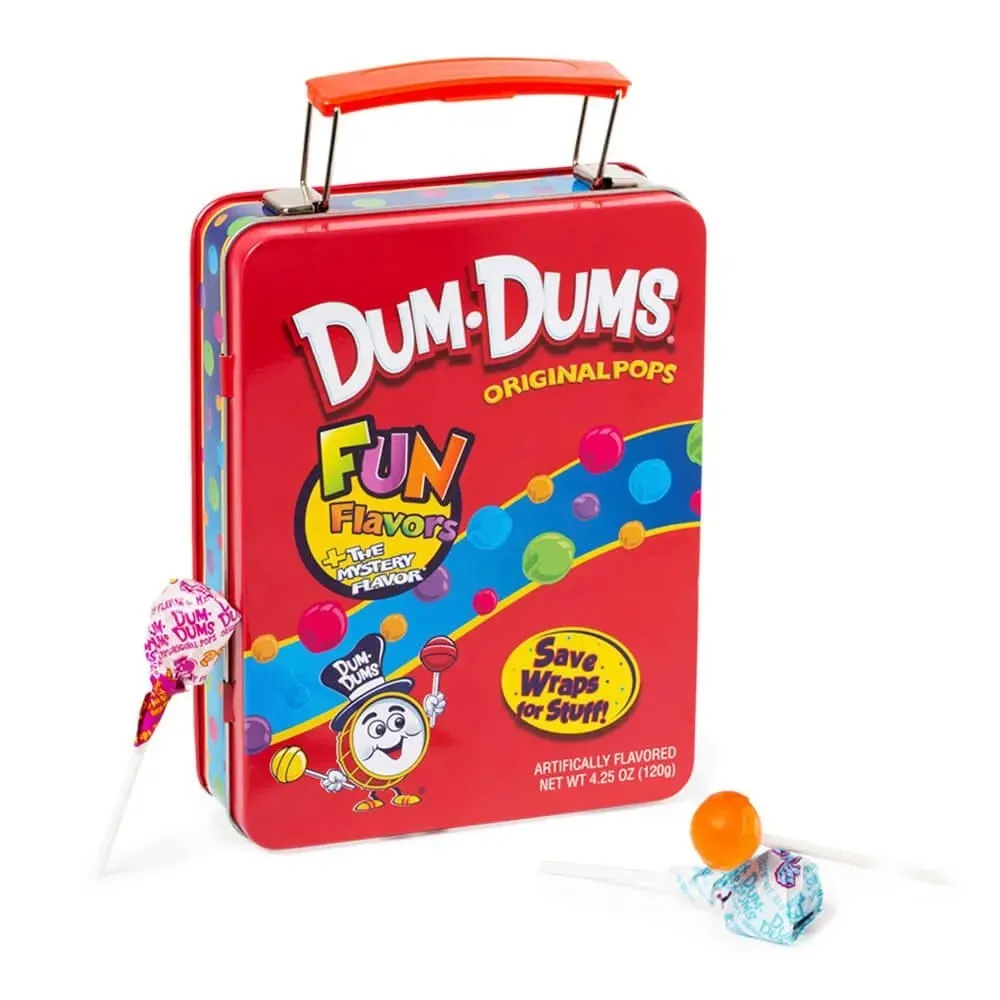Dum Dum Lollipops Mega Lunch Box Tin Filled Candy 3.85 oz