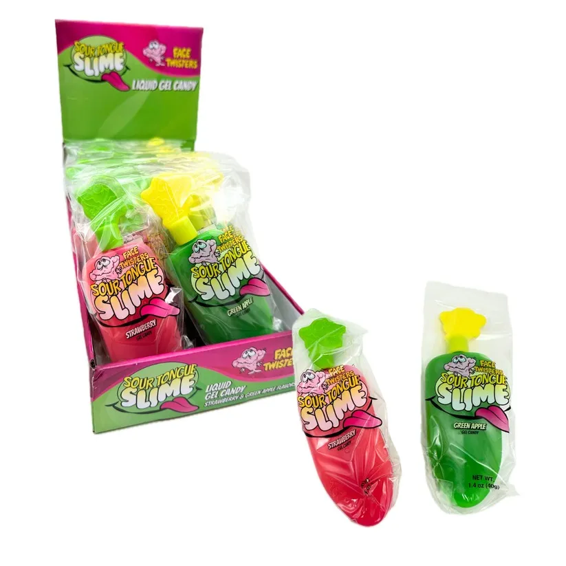 Face Twisters Sour Tongue Slime Gel Candy Strawbery Apple 24 ct